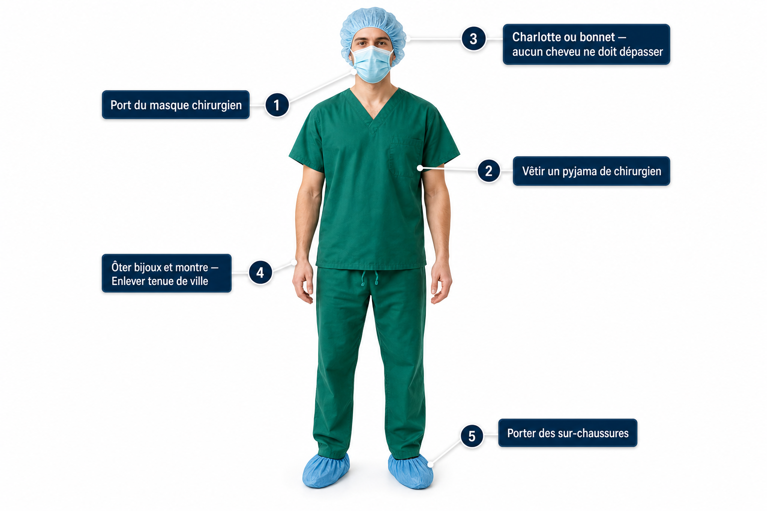 Tenue vestimentaire complète d'un opérateur AES en ZEM : masque, pyjama de chirurgien, charlotte, sur-chaussures