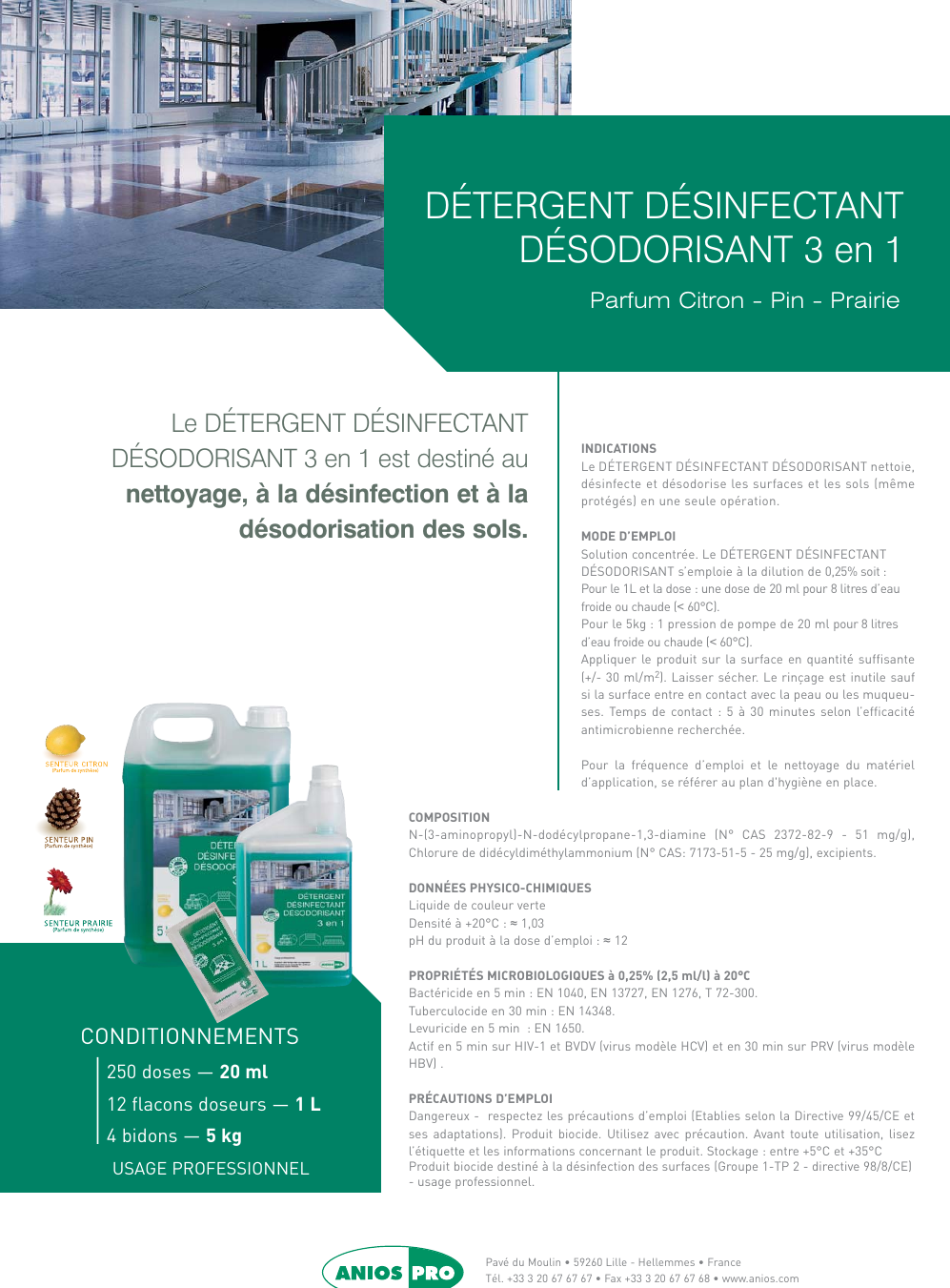 Fiche produit Anios — détergent désinfectant désodorisant 3 en 1